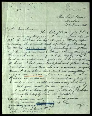 Letter from Ramanujan to a friend