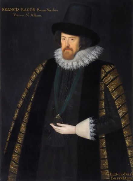 Imposing oil painting of Francis Bacon dressed in black with golden decorations, a ruff and tall black hat. 