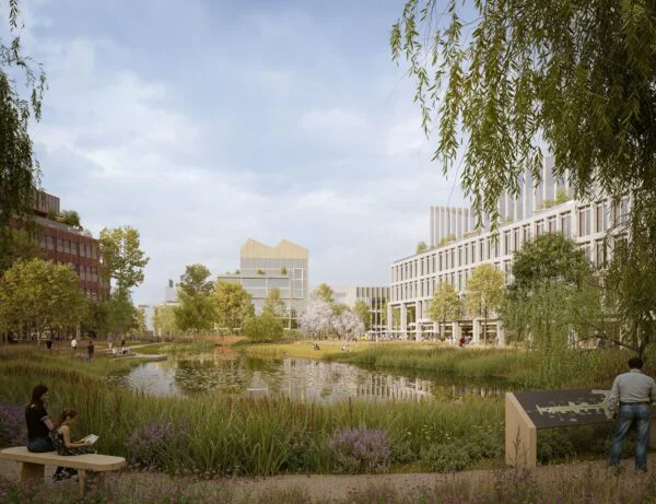A digitally rendered image of lake with people beside it and buildings in the background. 