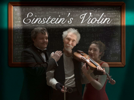 Three people with a violin in front of a blackboard. 