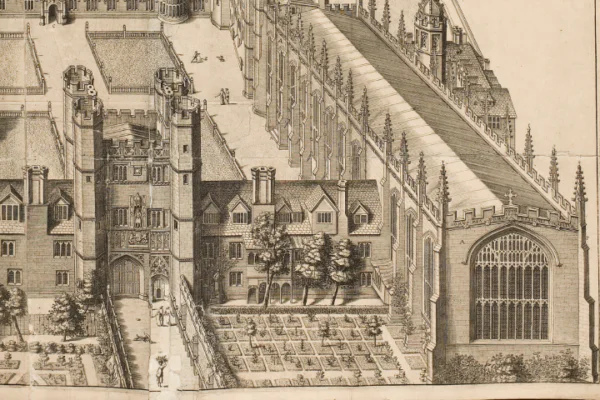 A black and white engraving with a gate tower, the corner of a large courtyard and in the front, lower right, a parterre-style garden. 