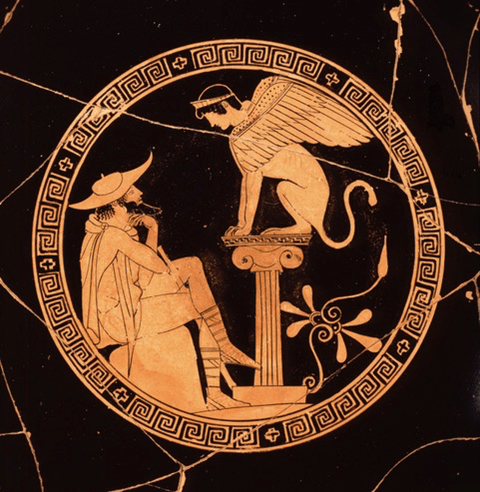Oedipus and the Sphinx: interior tondo of an Attic red-figure kylix from Vulci attributed to the painter of Oedipus (today in the Vatican Museums in Rome, cat. 16541)