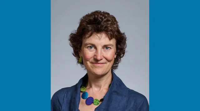 Photograph of Trinity Fellow and Head of Oncology at Cambridge Professor Rebecca Fitzgerald, on a blue background