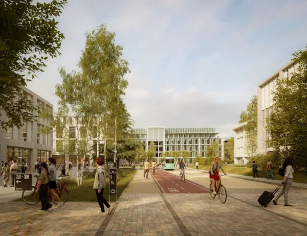 A digital render of a street with pedestrians and cyclists. 