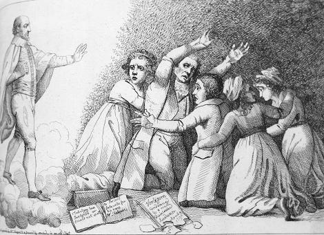 Shakespeare's ghost appearing to the forgers - satirical engrqaving by William Hogarth