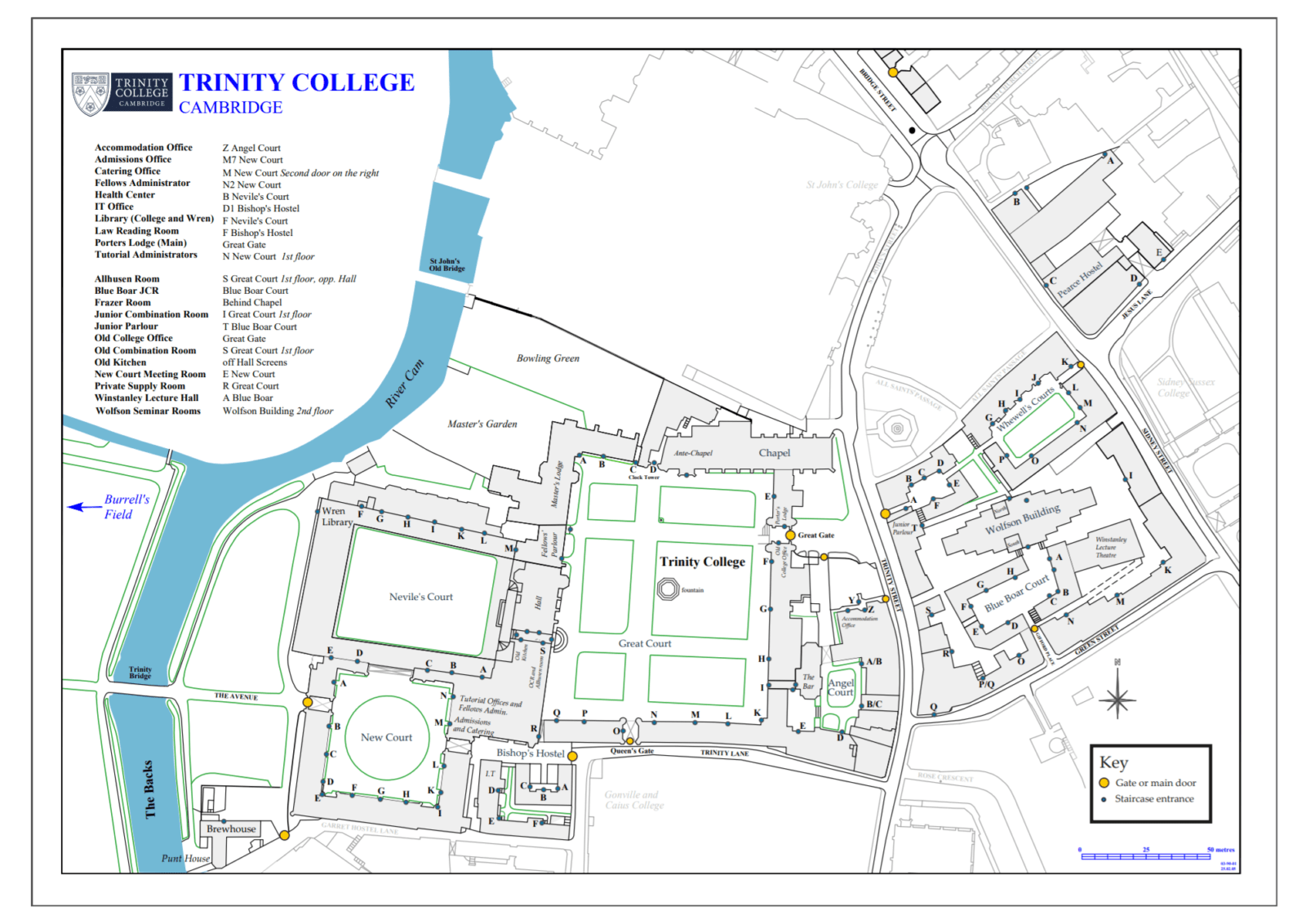 Map of Pearce Hostel, Bridge Street, Whewells Court, Great Court, Angel Court, Bishops Hostel, New Court, Nevile's Court and the Backs