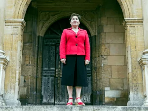 Mrs Liston on the half moon steps to Hall